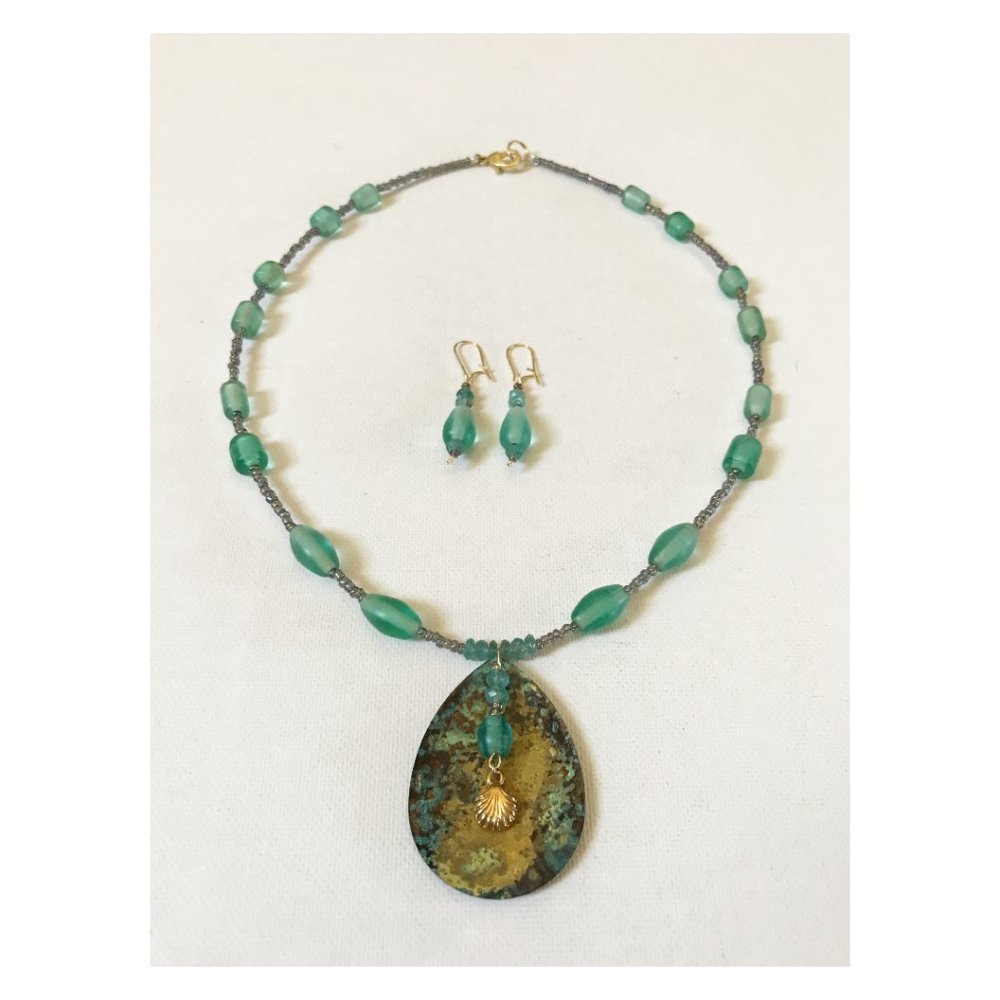 Lure Necklace Golden Shell Recycled Glass Apatite Crystal Gem Beach Mermaid Boho